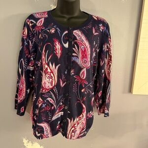 Talbots Large Petite Navy Paisley Print Cardigan Button Down  Preowned